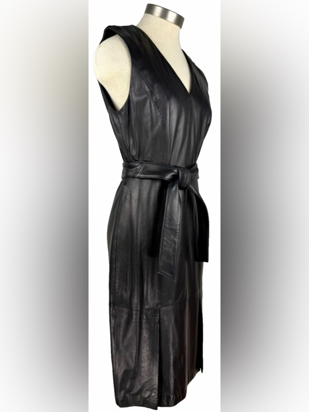 Antonio Melani Womens 8 Sheath Dress Black Leather Sleeveless V-Neck Belted Luxe